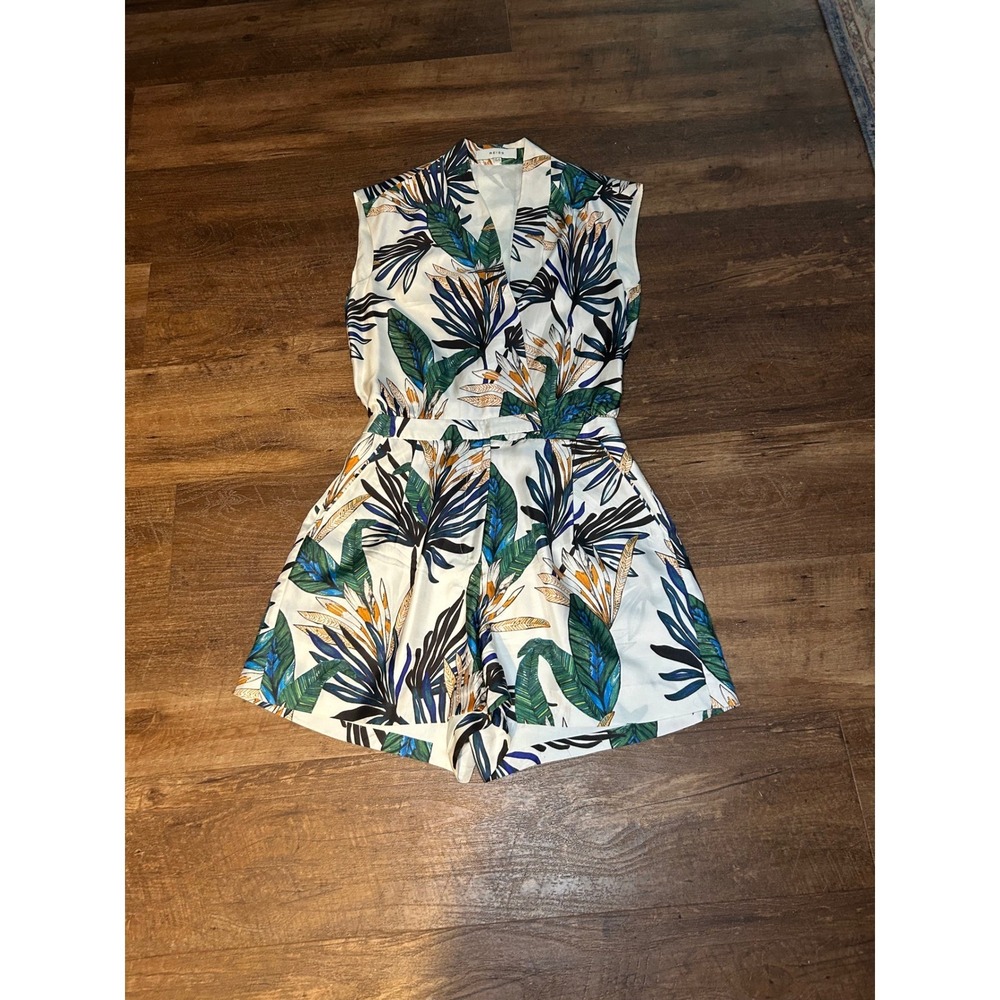 Reiss Bette Tropical Bird of Paradise Floral Romper White Green Blue Size 0